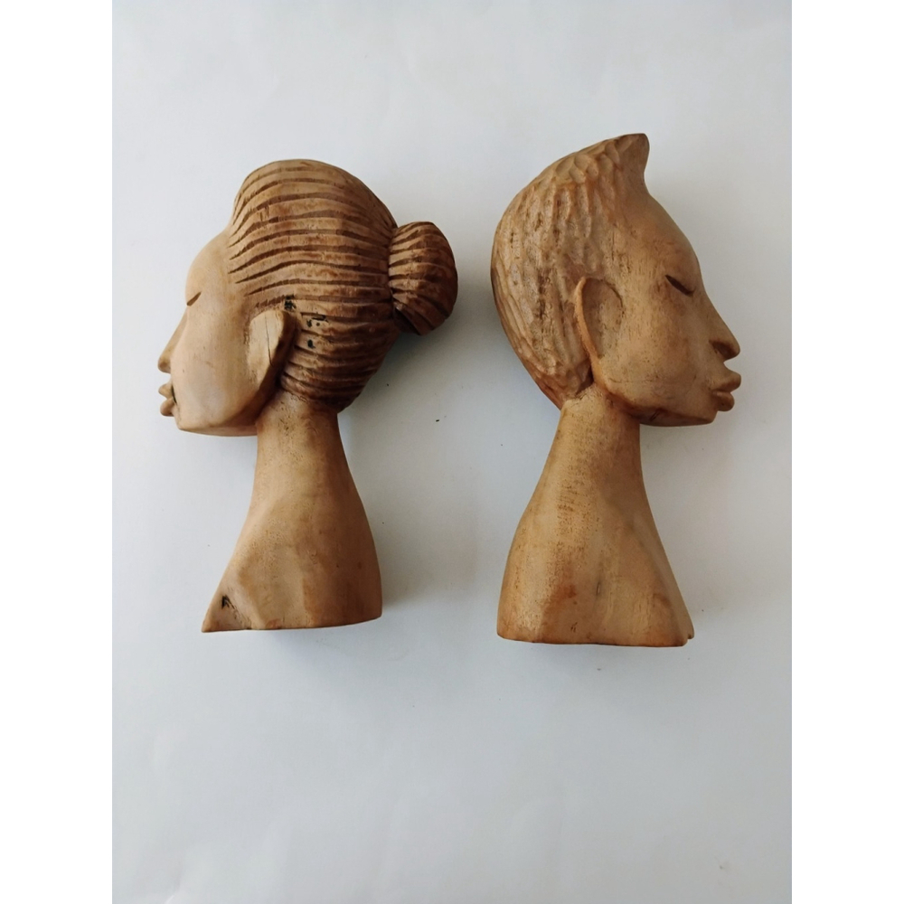 African teak ? Sculptures busts man woman signed PAUL